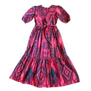 Maude Vivante Women’s XS Boho Print Puff Sleeve Ruffle Maxi Dress Molly Pockets